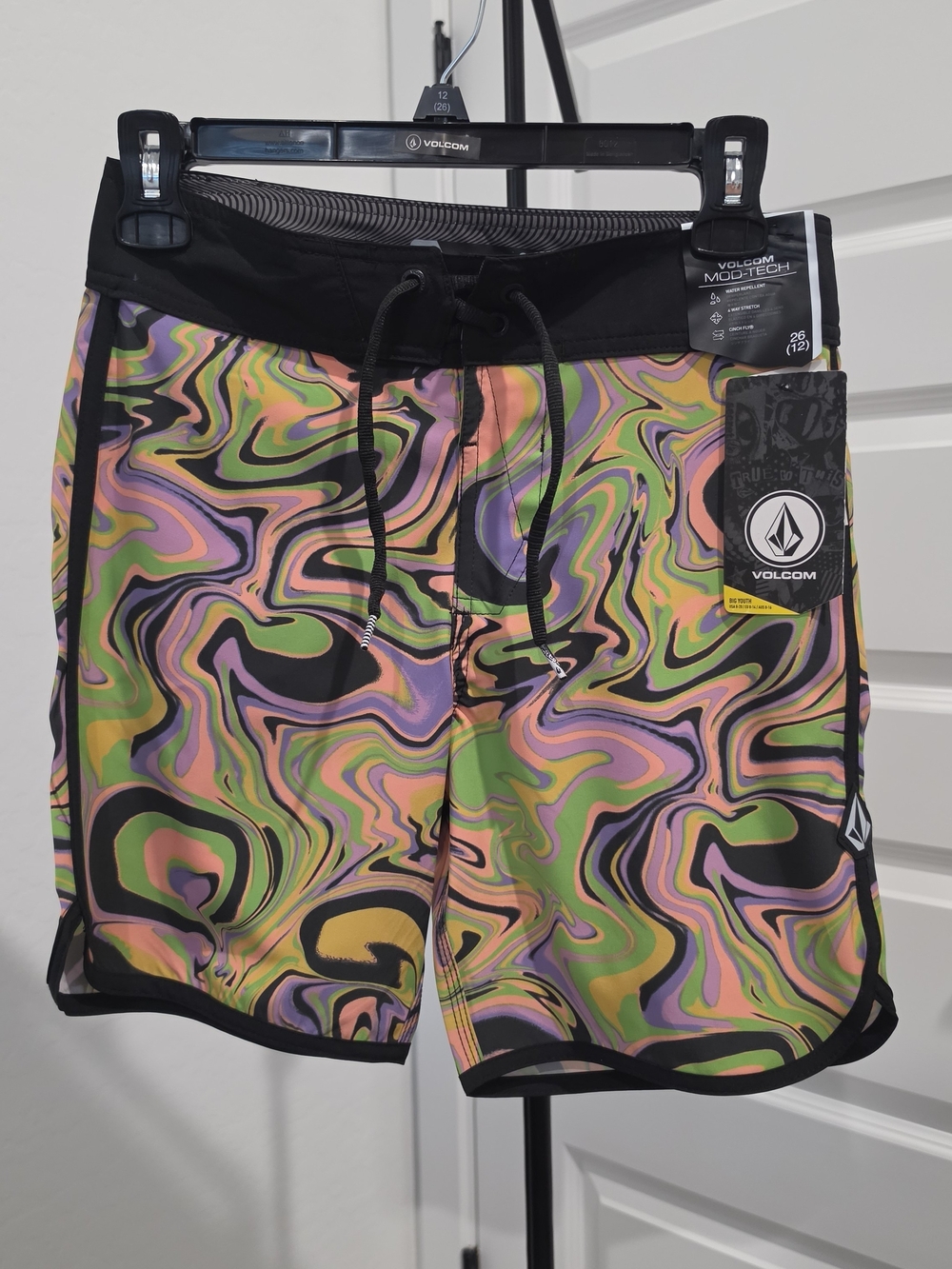 Volcom Mod-Tech Swim Board Shorts Black Purple Green Pink Boy's 12 (26) NWT